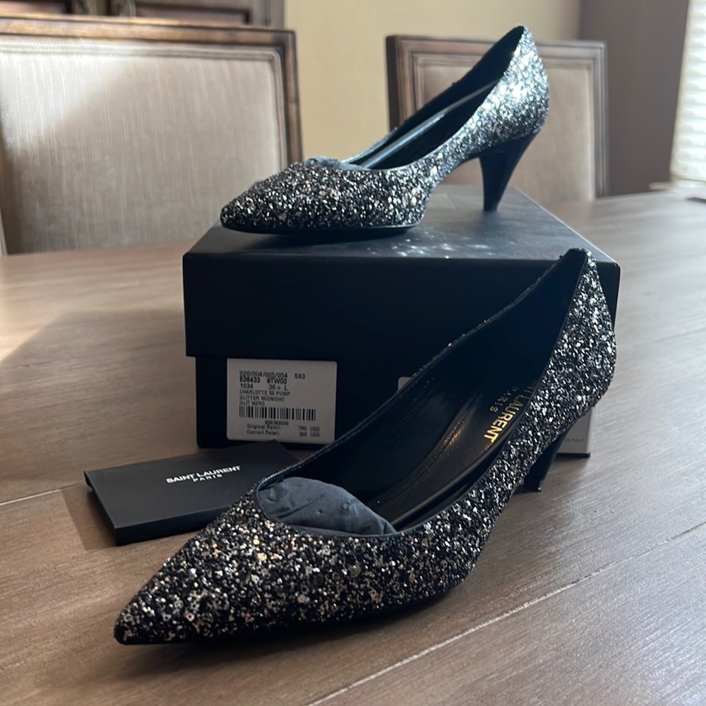 Saint Laurent heels, size 36+, black & silver glitter with a small kitten heel.